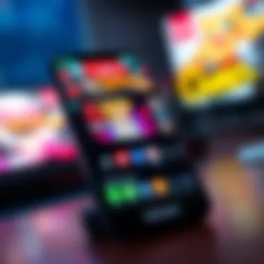 A close-up view of a smartphone displaying an anime streaming app interface with vivid colors.