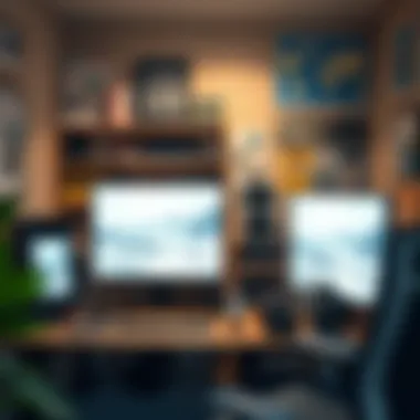 A serene workspace with anime merchandise and tech devices set up for an optimal viewing experience.