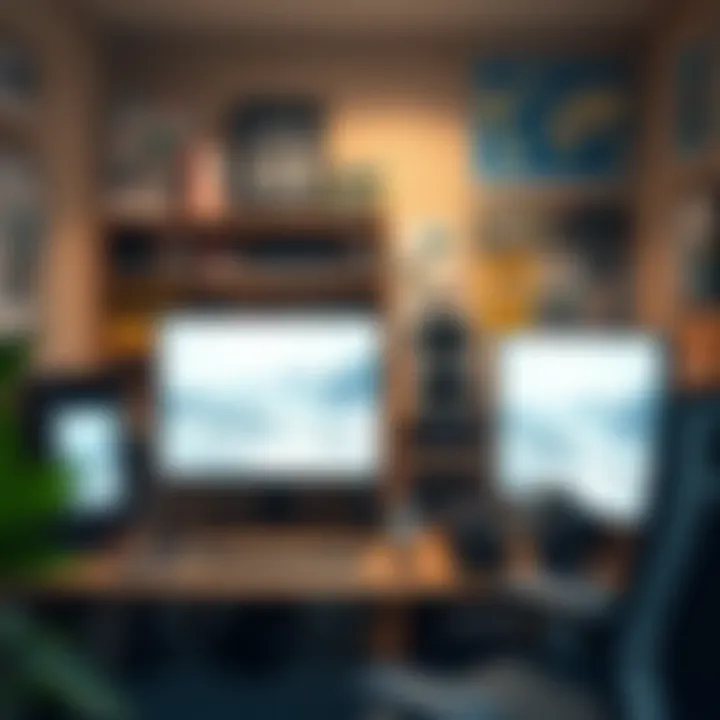 A serene workspace with anime merchandise and tech devices set up for an optimal viewing experience.