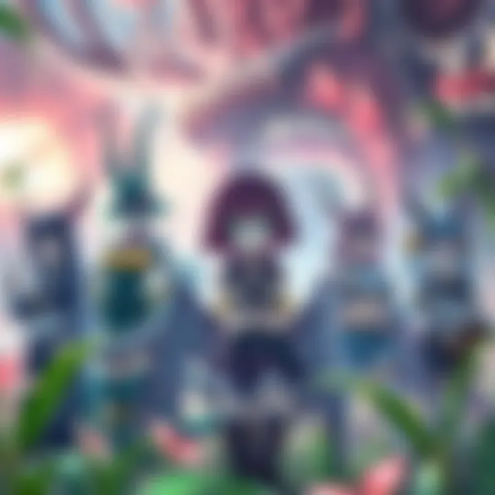 A dynamic scene featuring a group of monster girls in a vibrant fantasy setting.