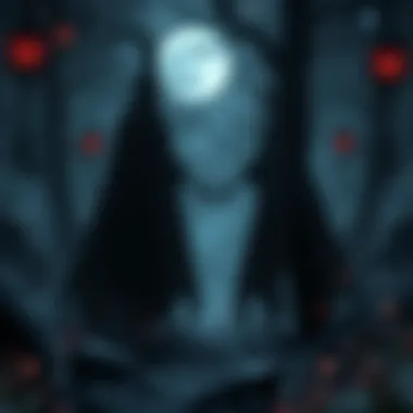 A darkly romantic landscape filled with ethereal shadows and glowing symbols.