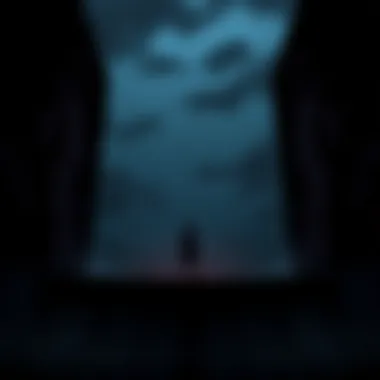 A character silhouette standing at the edge of a dark abyss, contemplating moral dilemmas.