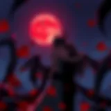 Demonic Embrace Under the Moonlight A hauntingly beautiful anime couple embracing under a blood-red moon