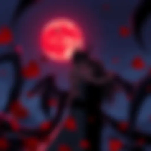 Demonic Embrace Under the Moonlight A hauntingly beautiful anime couple embracing under a blood-red moon