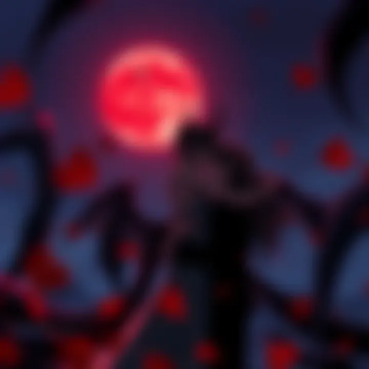 Demonic Embrace Under the Moonlight A hauntingly beautiful anime couple embracing under a blood-red moon