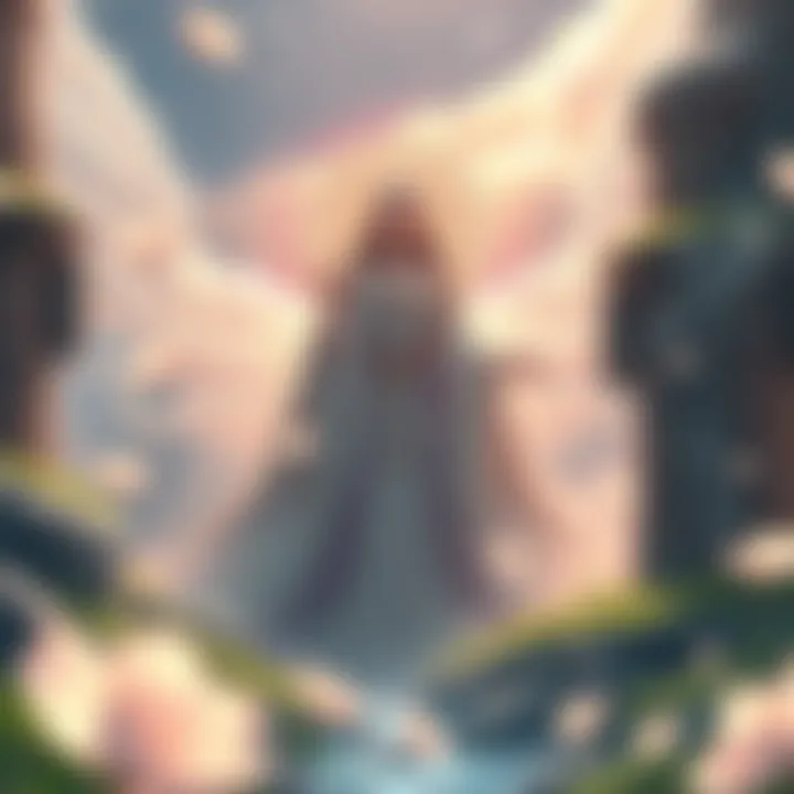 The Realm of Magic and Divinity A mystical landscape depicting a goddess surrounded by magical elements