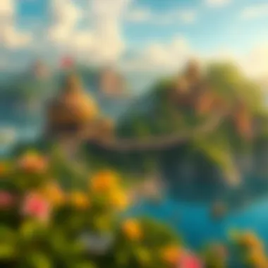 A vibrant scene depicting the world of Treasure of Nadia, filled with lush landscapes and intriguing landmarks.