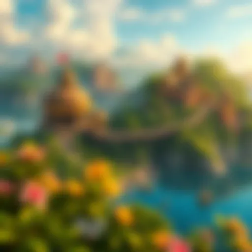 A vibrant scene depicting the world of Treasure of Nadia, filled with lush landscapes and intriguing landmarks.