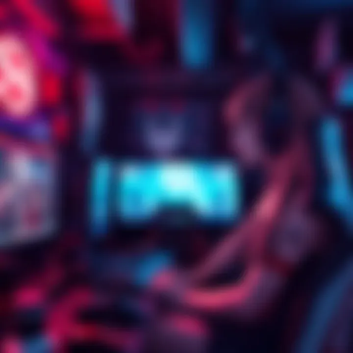 Immersive Waifu Gaming Experience An artistic depiction of a gaming setup featuring waifu-themed fighting games with merchandise.